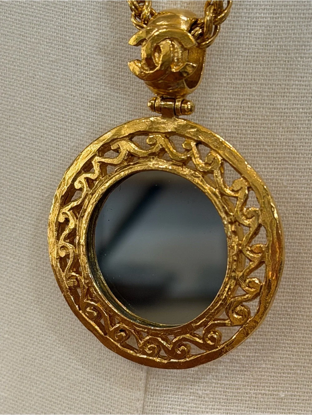 CHANEL Gold Plated Long Medallion Necklace with Mirror Pendant